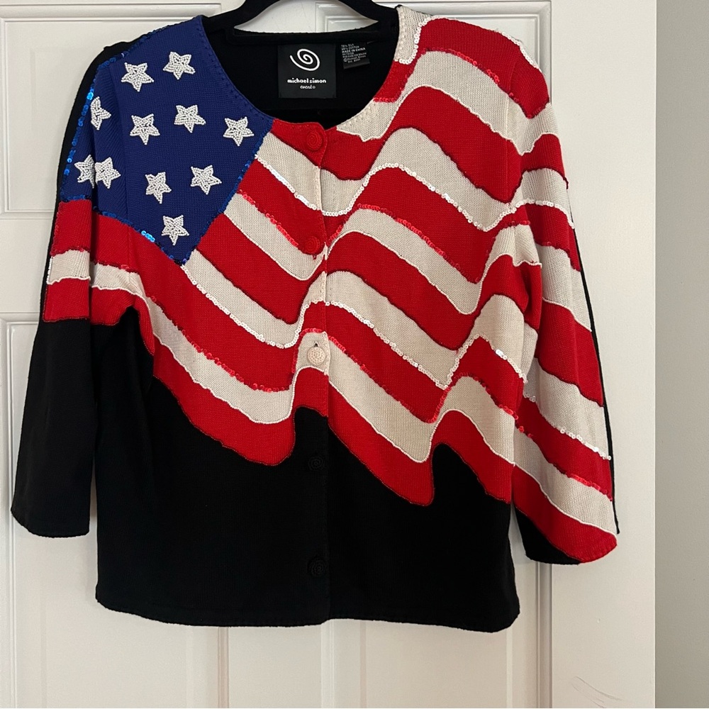 Michael Simon Event Beaded Patriotic American Flag Cardigan - Petite Small